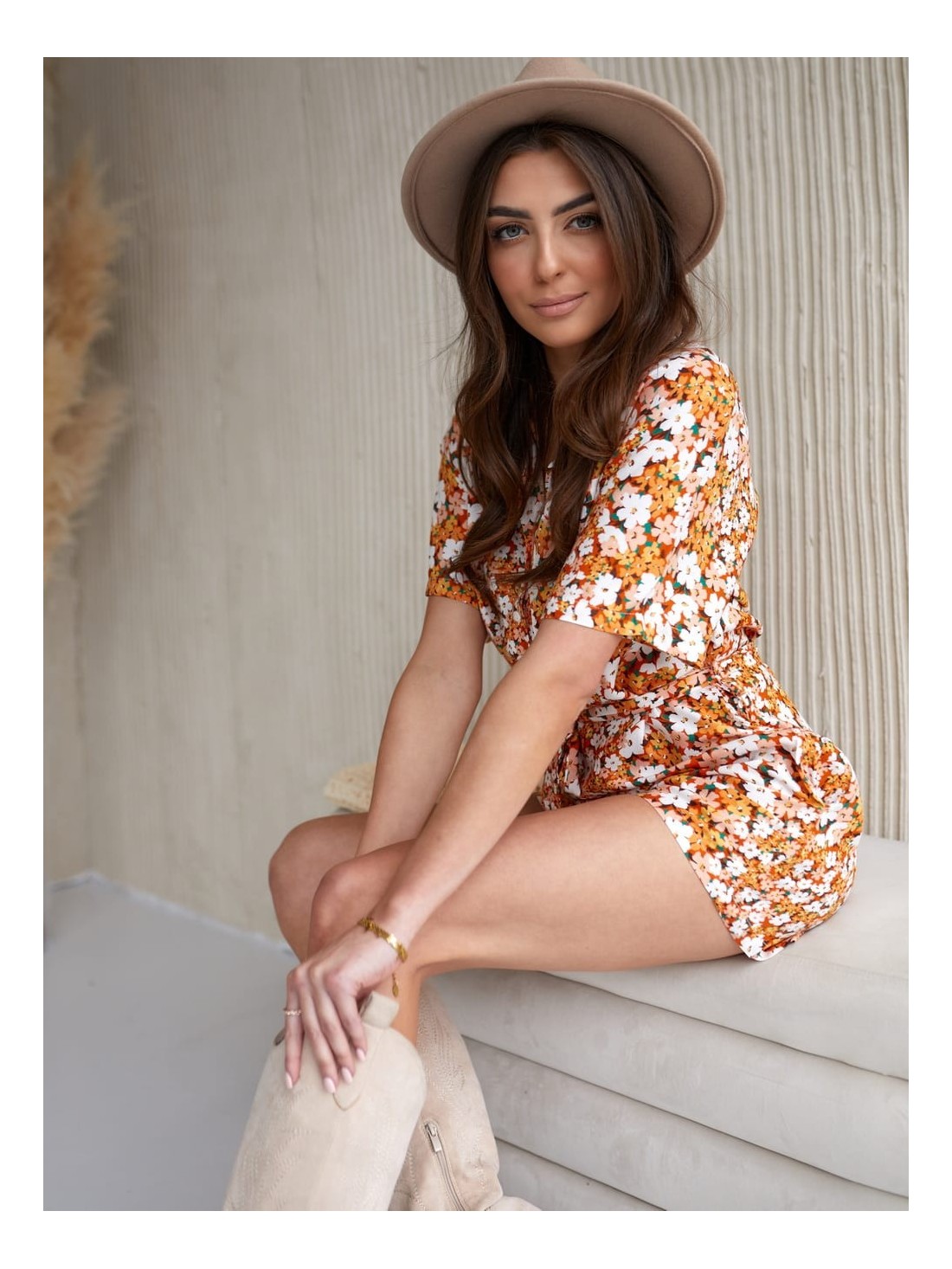 Summer floral jumpsuit with a collar, orange and cream 03510 - Online store - Boutique